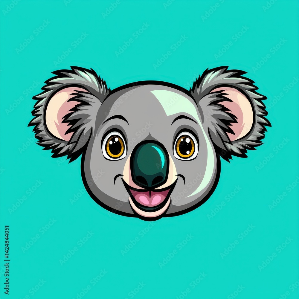 Obraz premium Cartoon illustration of a smiling koala with yellow eyes and a white forehead patch