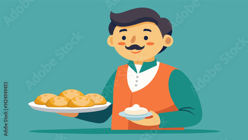 A man proudly serving a dish of homemade pierogies beaming with nostalgia as he remembers his grandmother making them when he was a child..