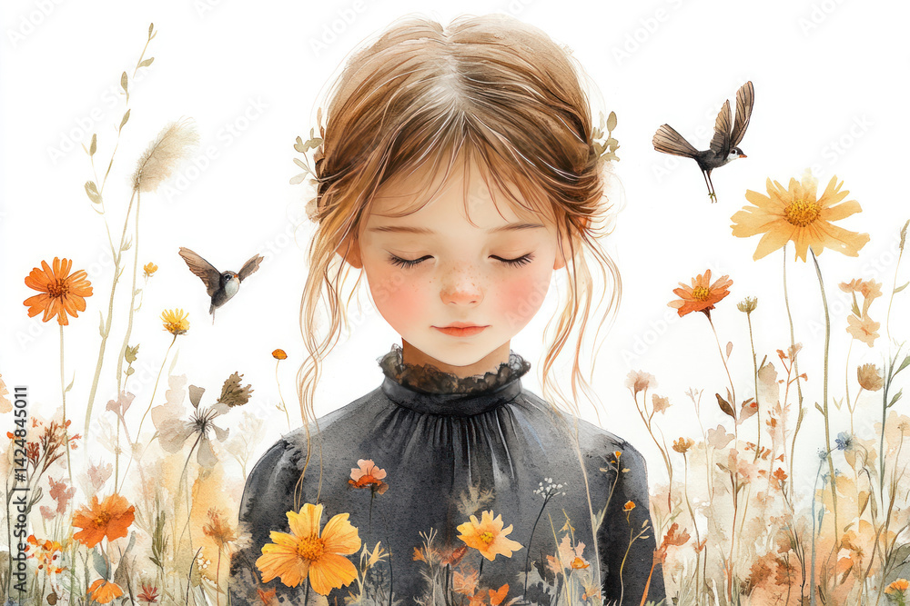Watercolor illustration of a gentle girl with closed eyes, dressed in a dark dress with a lace collar.