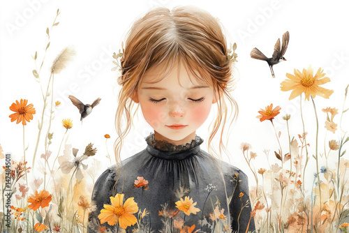 Obraz na płótnie Watercolor illustration of a gentle girl with closed eyes, dressed in a dark dress with a lace collar. w salonie
