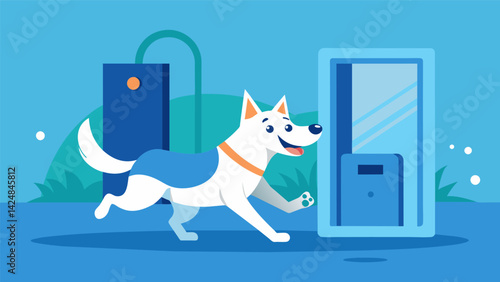 A happy dog trotting through the electronic pet door tail wagging with excitement.. Vector illustration