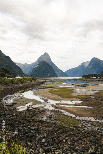 mountain landscape with lake and mountains