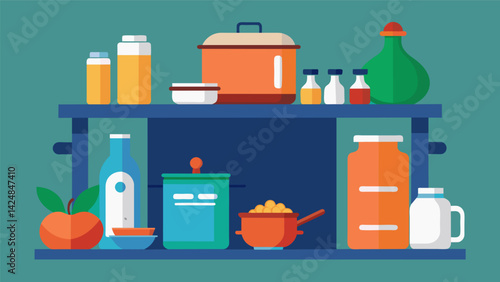 A clean and organized pantry provides the perfect backdrop for a slow cooking session with all ingredients easily accessible and neatly stacked..