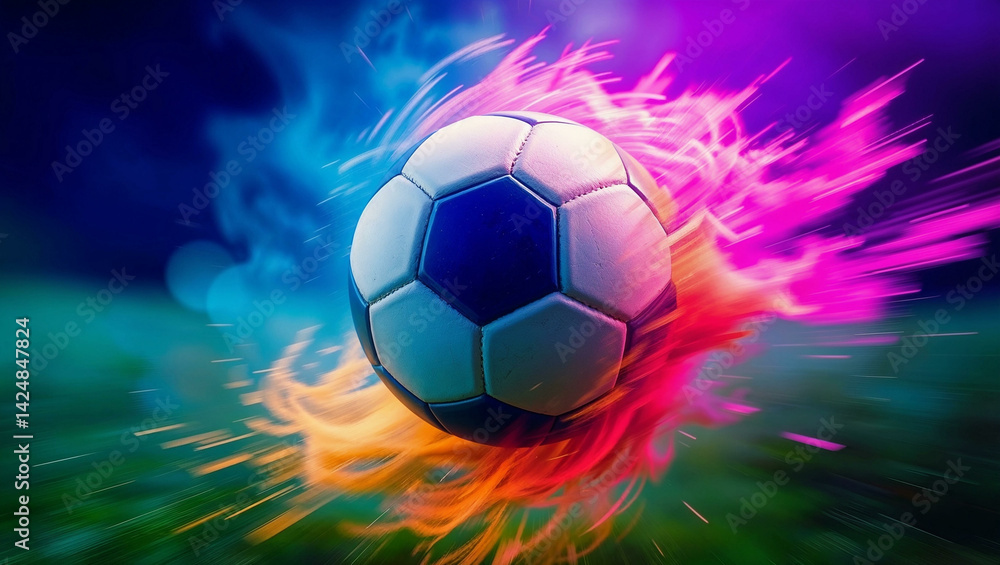 Fototapeta premium Explosive soccer ball surrounded by vibrant, colorful smoke, capturing the intensity of the sport