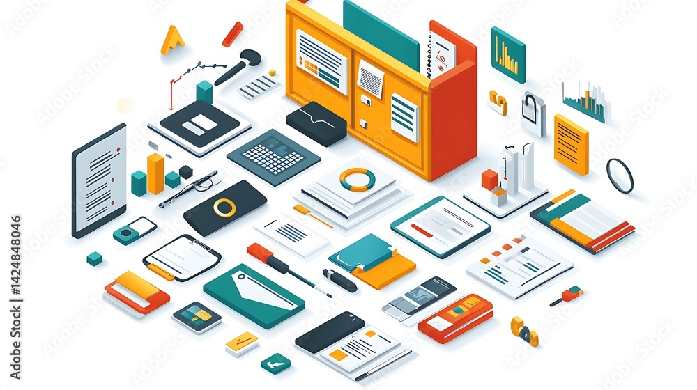 Isometric Business Analytics Tools Illustration, Isometric illustration of business analytics tools, charts, and documents Isometric Business Analytics Tools Illustration, Isometric illustration of business analytics tools, charts, and documents
