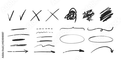 Hand drawn marker elements. Freehand vector signs. Ticks, crosses, arrows and circles for highlighting and notes.