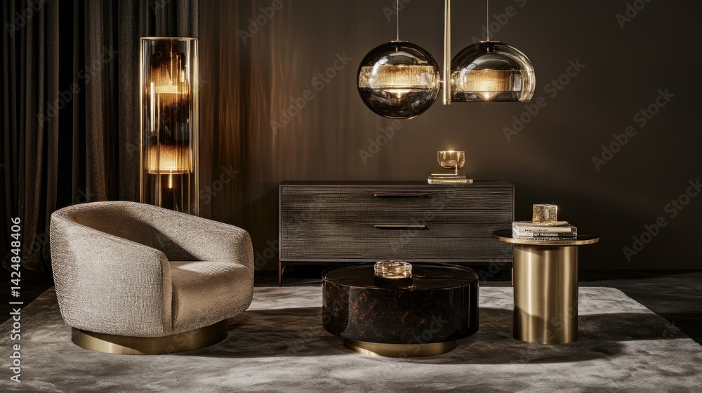 Elegant, moody living room featuring modern furniture. Elegant, moody living room featuring modern furniture.