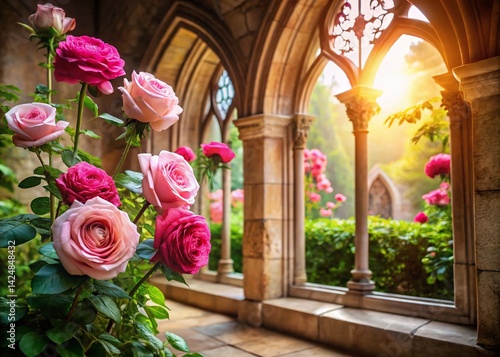Architectural Rose Garden Photography: Stunning Pink Roses Blooming in a Sunlit Courtyard