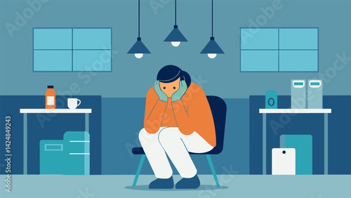 Before ketamine therapy a person sits in a thes office their face buried in their hands. The room is quiet and sterile and the person looks defeated.