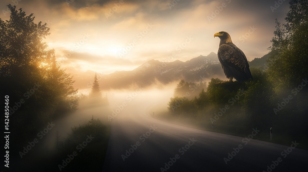 Fototapeta premium Golden Eagle Perched Above a Foggy Mountain Road at Sunset Majesty