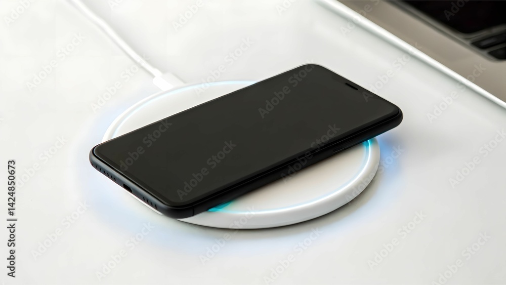 Wireless Charging Pad power efficiency concept Wireless charger with smartphone on a sleek surface, showcasing modern technology. Wireless Charging Pad power efficiency concept Wireless charger with smartphone on a sleek surface, showcasing modern technology.