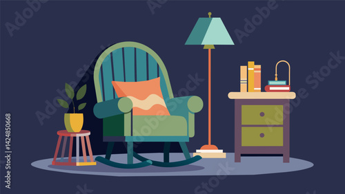 A cozy reading nook featuring a thrifted rocking chair a repurposed thrifted side table and a thrifted lamp with a handmade lampshade from old. Vector illustration