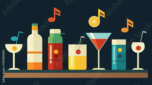 A bar lined with colorful tails named after famous musicians bringing a touch of creativity and nostalgia to the drinks menu at the Retro Music Night. Vector illustration