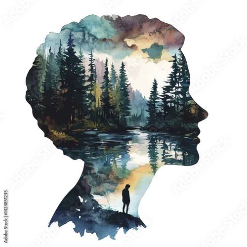 Person exploring virtual nature, watercolor illustration, isolated on a white background.

