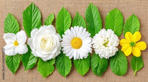 Floral Flat Lay of White Roses Chamomile and Yellow Flower on Burlap