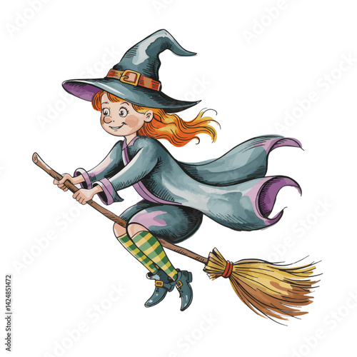 a witch's flying broom, hand-drawn pen and wash soft
watercolor, gouache, in the style of a vintage children's illustration