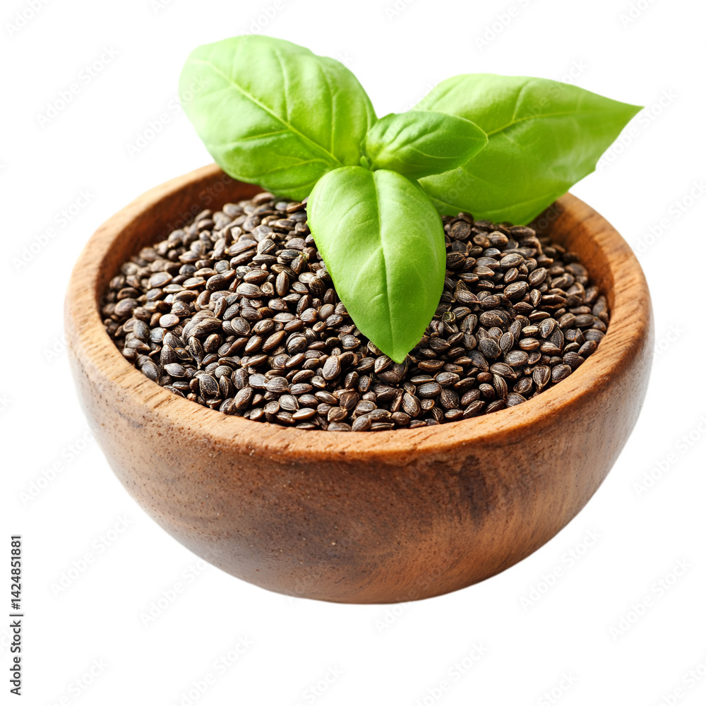 Chia Seeds in Wooden Bowl with Basil Sprig Healthy Food Nutrition Superfood Chia Seeds in Wooden Bowl with Basil Sprig Healthy Food Nutrition Superfood