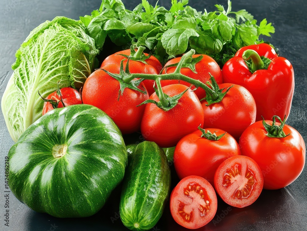 Fresh garden harvest of vibrant tomatoes, cucumbers, squash, and leafy greens arranged on a dark surface. A colorful and healthy still life Fresh garden harvest of vibrant tomatoes, cucumbers, squash, and leafy greens arranged on a dark surface. A colorful and healthy still life