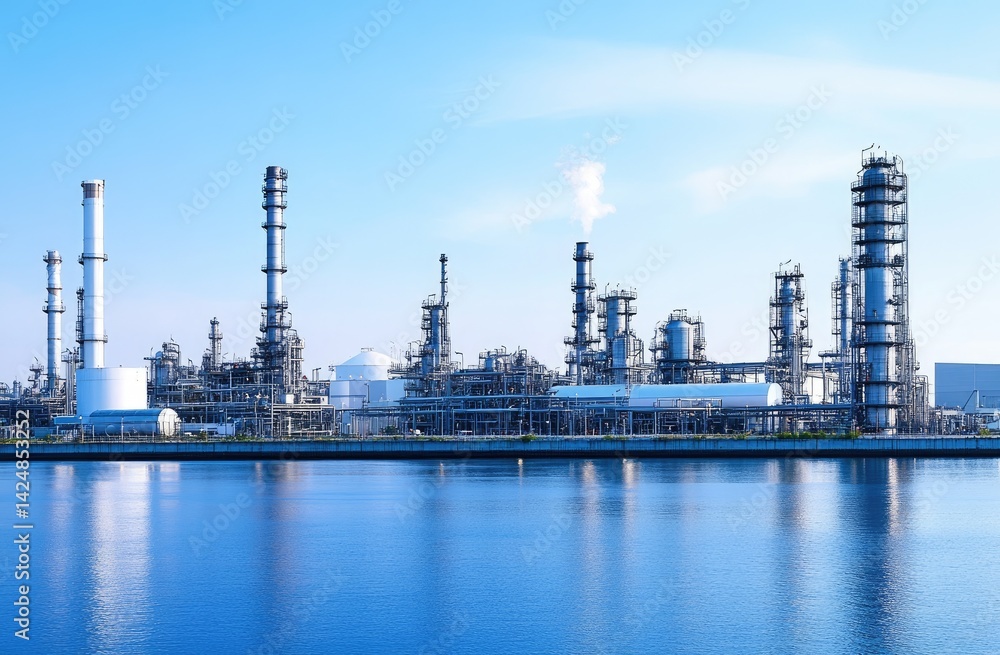Obraz premium Industrial refinery complex by waterfront.
