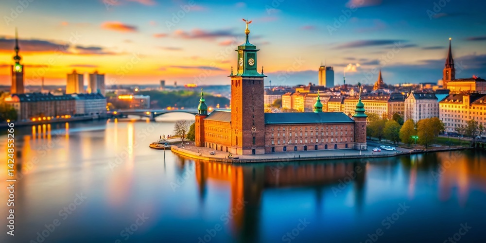 Obraz premium Charming Stockholm City Hall Tilt-Shift Panorama - Sweeping Cityscape View