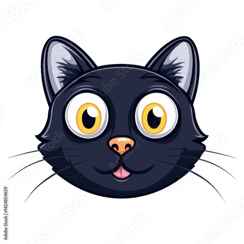 Cartoon illustration of a black cat with large yellow eyes and an orange nose smiling