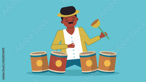 A bongo player jamming out on bongos made from recycled coffee cans and leather scraps.. Vector illustration