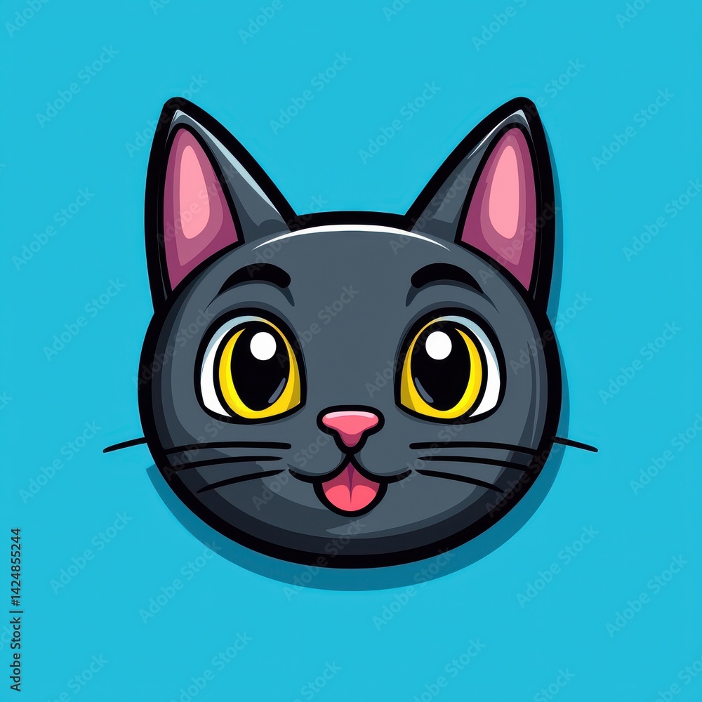 Cartoon illustration of a gray cat with yellow eyes and pink ears on a blue background