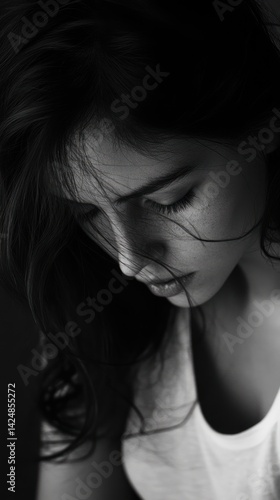 Close-up portrait of a young woman with long dark hair looking down, in black and white.