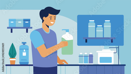 A customer filling up a reusable water bottle at a stores water refill station instead of buying bottled water.. Vector illustration