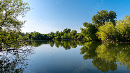 Fototapeta Naklejka Na Ścianę i Meble -  Serene lake landscape with reflections of green trees and blue sky peaceful nature scene for background use