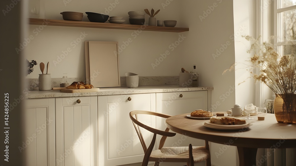 Cozy Kitchen with A4 Frame Mockup on Wall and Breakfast Table Cozy Kitchen with A4 Frame Mockup on Wall and Breakfast Table