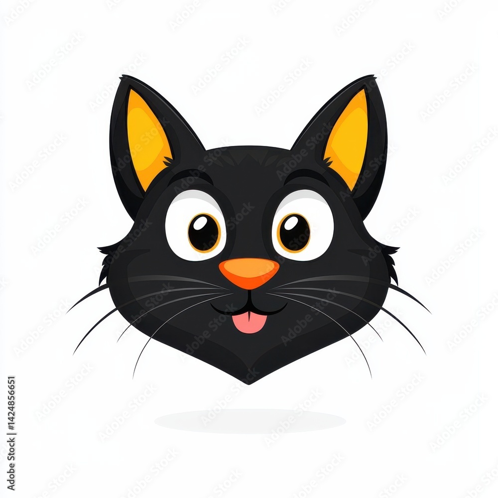 Cartoon illustration of a black cat with yellow eyes and ears, pink tongue, and orange nose Cartoon illustration of a black cat with yellow eyes and ears, pink tongue, and orange nose