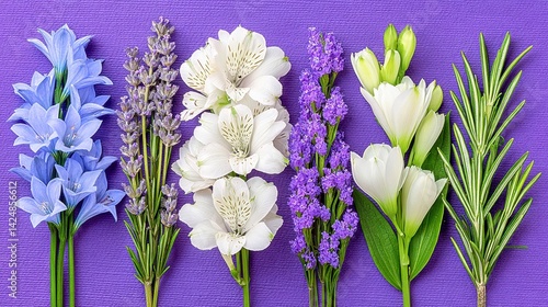 Fresh Cut Light Blue Purple and White Flowers on Violet Background