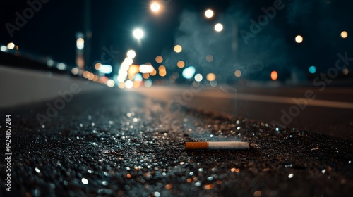 Fototapeta Naklejka Na Ścianę i Meble -  Cigarette on dark city asphalt road at night