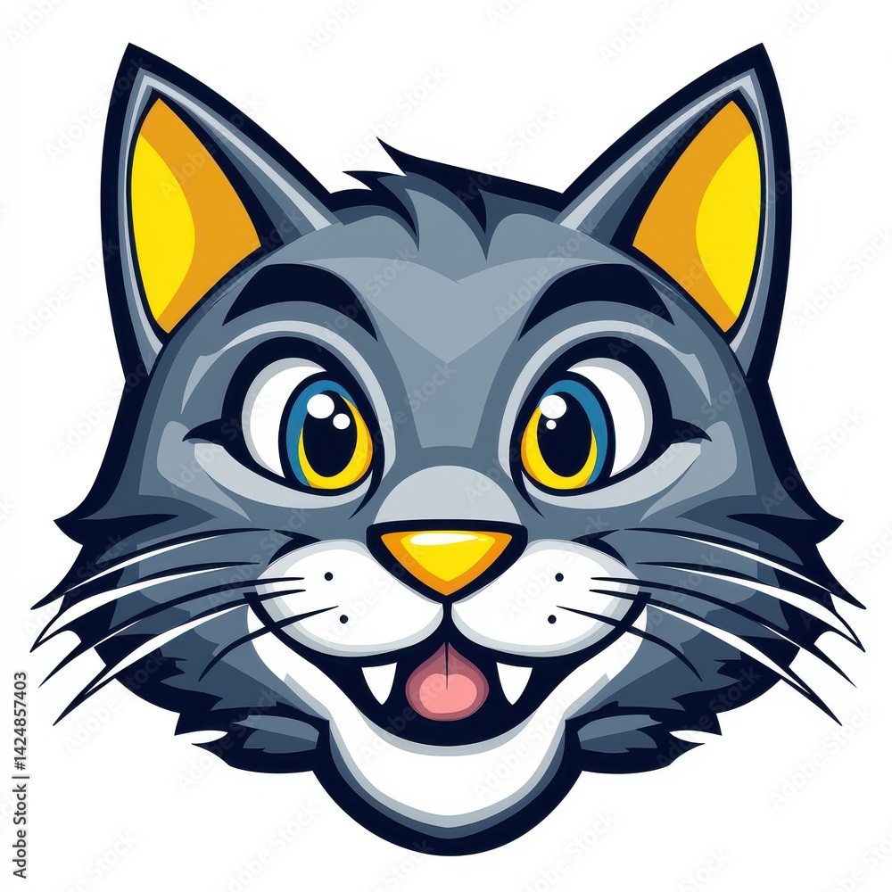 Cartoon illustration of a cheerful gray cat with yellow and blue eyes Cartoon illustration of a cheerful gray cat with yellow and blue eyes