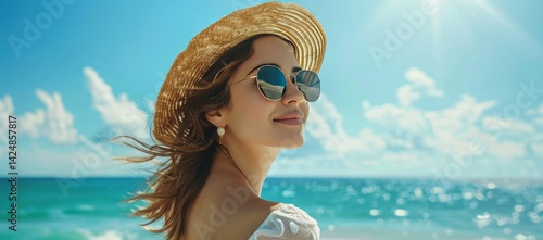 Woman in a Straw Hat and Sunglasses Gazing at the Ocean