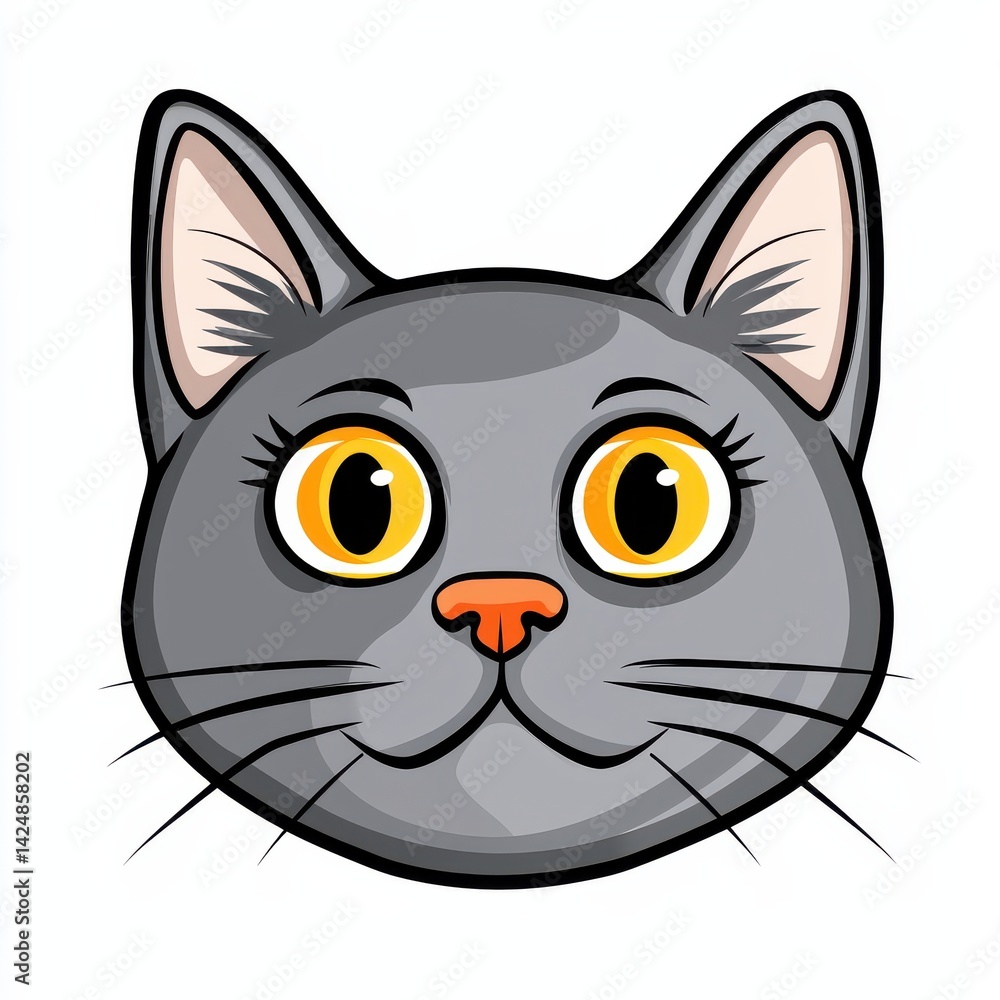 Cartoon illustration of a gray cat with yellow eyes and an orange nose
