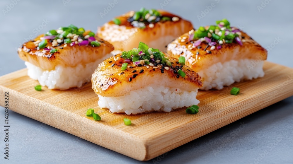 Four pieces of salmon sushi, each topped with pan-seared salmon, seasoned with sesame seeds and green onions, resting on a wooden cutting board Four pieces of salmon sushi, each topped with pan-seared salmon, seasoned with sesame seeds and green onions, resting on a wooden cutting board