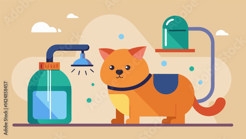 An indoor pet with a water sprayer and drying feature eliminating the need for traditional cleaning ods.. Vector illustration