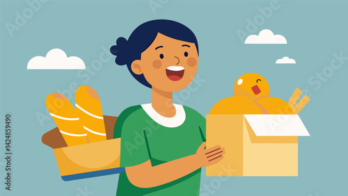 A customer delightfully surprised by the biodegradable packaging of their freshly baked bread.. Vector illustration