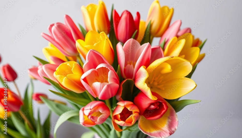 Fototapeta premium Vibrant bouquet of pink, yellow, and red tulips, gift, tulips