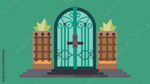 A discarded metal gate and old doors come together in a stunning sculpture that wins the grand prize at the thrift store art competition.. Vector illustration