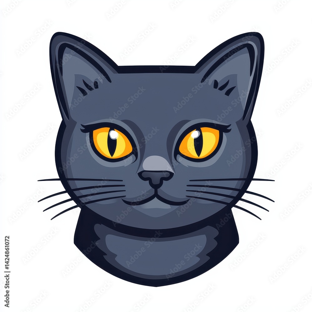 Cartoon illustration of a gray cat with bright yellow eyes and black nose