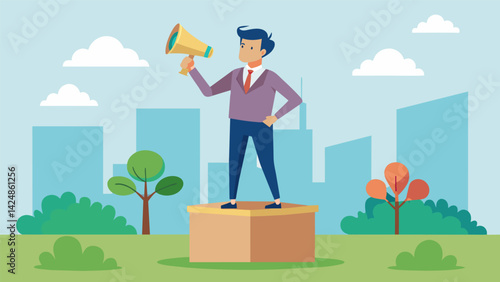 A man standing on a soapbox in a public park using a megaphone to spread exaggerated rumors about a local business going bankrupt..