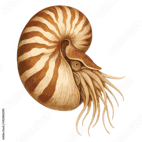 Realistic Vector Illustration of a Chambered Nautilus in Vintage Naturalist Style