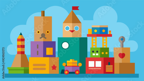 A display of handcrafted toys made from discarded cardboard boxes and plastic containers.. Vector illustration