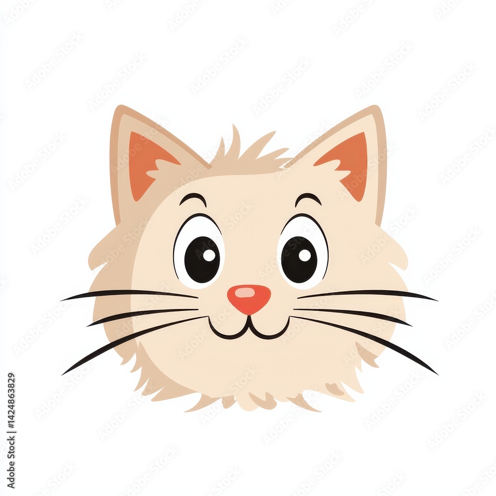 Obraz premium Cartoon illustration of a smiling cat with light beige fur, peach ears, and black whiskers