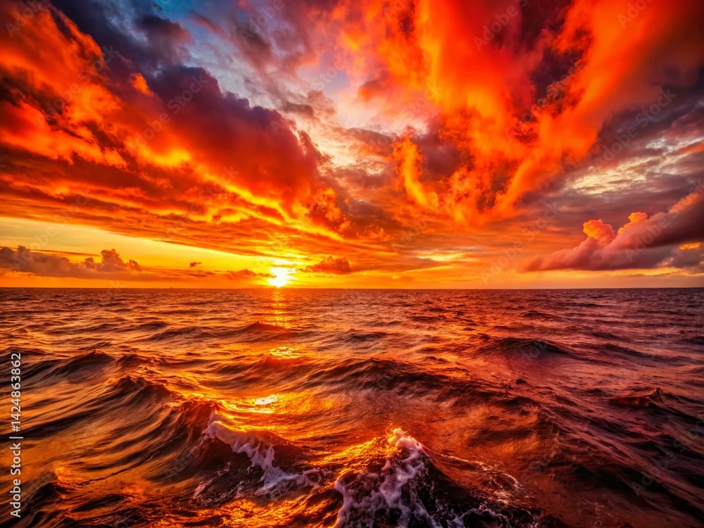 Fototapeta premium Dramatic Fiery Sunset over Dark Ocean - Coastal Landscape Photography