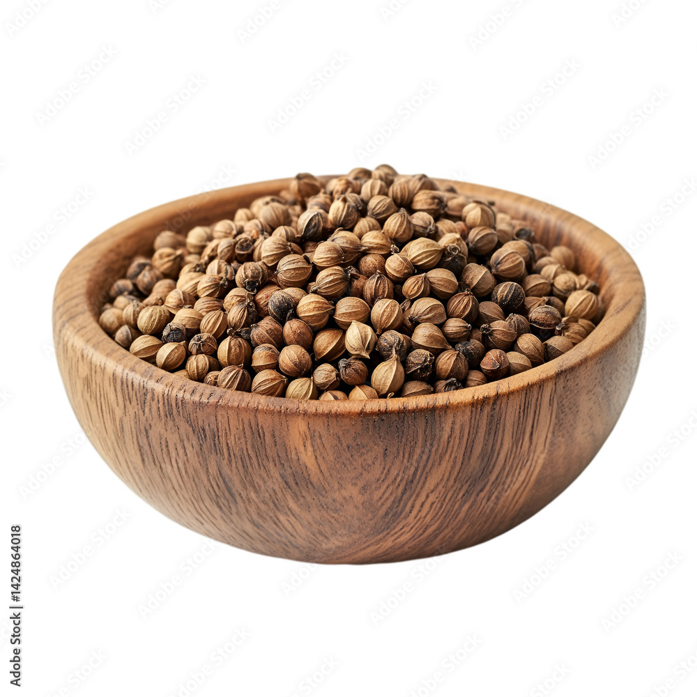 Coriander seeds in a wooden bowl a spice closeup Coriander seeds in a wooden bowl a spice closeup