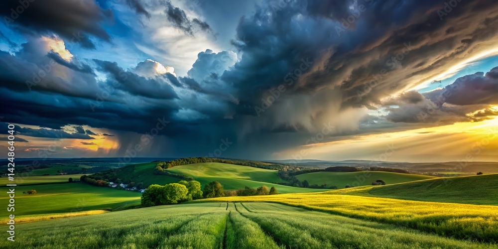 Obraz premium Dramatic Spring Storm Clouds Rolling Over Lush Green Landscape
